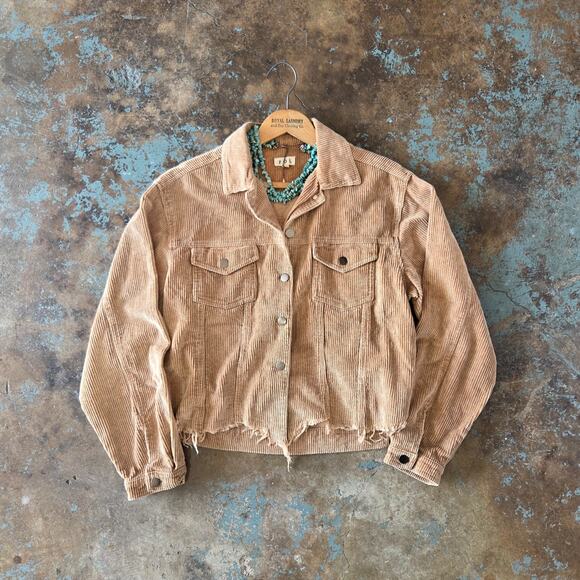 POL Cropped Corduroy Jacket Size S Tan Raw Hem Trucker Long Sleeve Festival - Picture 2 of 10
